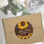 Rustic Sunflowers String Lights Monogram Wedding Classic Round Sticker<br><div class="desc">This wedding sticker design features pretty painted sunflowers and string lights on a rustic dark wood background. Click the customise button for more flexibility in modifying the text. Variations of this design, different paper types, as well as coordinating products are available in our shop, zazzle.com/store/doodlelulu. Contact us if you need...</div>