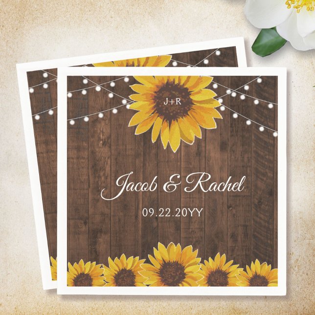 Rustic Sunflowers & String Lights on Wood Wedding  Napkin (Creator Uploaded)
