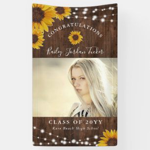 Rustic Sunflowers String Lights Photo Graduation Banner