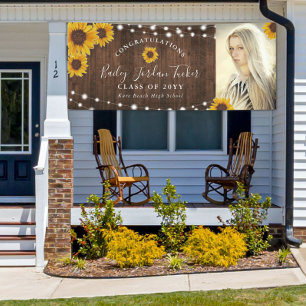 Rustic Sunflowers String Lights Photo Graduation Banner
