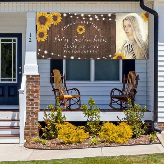 Rustic Sunflowers String Lights Photo Graduation Banner (Creator Uploaded)