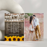 Rustic Sunflowers String Lights Photo Wedding Invitation<br><div class="desc">A wedding invitation is more than just an announcement; it’s a reflection of a couple’s unique love story, and the perfect invitation should capture that romance and joy. For country-loving couples, the perfect invitation might be found with a creative photo wedding invitation featuring a rustic wood barrel background, a photo...</div>