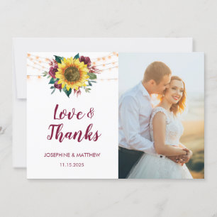Rustic Sunflowers String Lights Photo Wedding Thank You Card