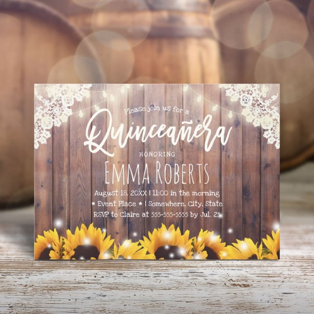 Rustic Sunflowers & String Lights Quinceanera Invitation (Creator Uploaded)