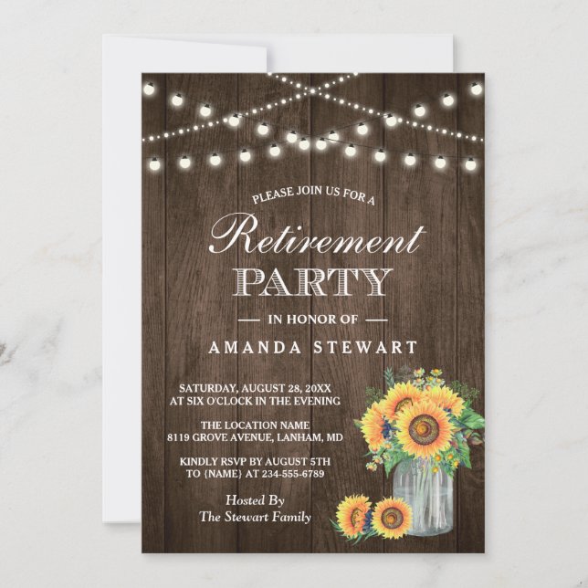 Rustic Sunflowers String Lights Retirement Party Invitation (Front)