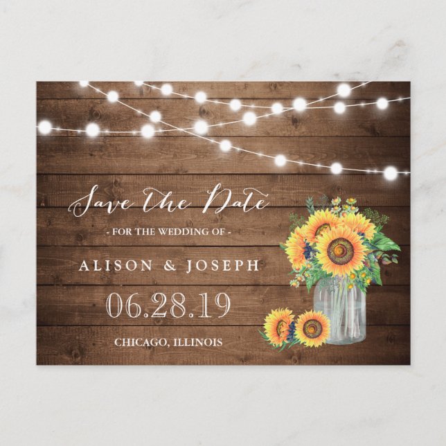 Rustic Sunflowers String Lights Save the Date Announcement Postcard (Front)