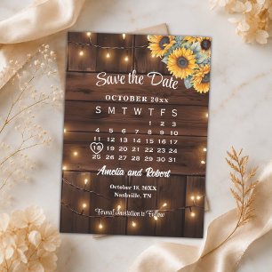 Rustic Sunflowers String Lights Wedding Calendar Save The Date
