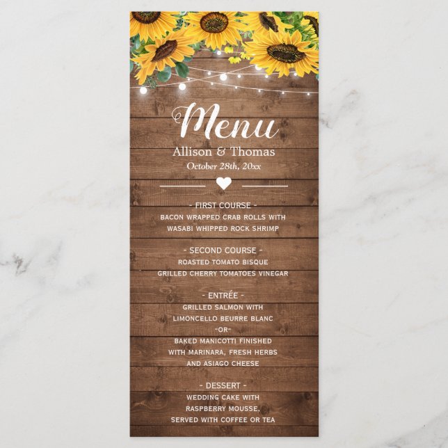 Rustic Sunflowers String Lights Wedding Menu (Front)