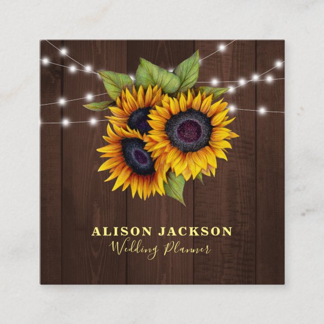Rustic sunflowers string lights wedding planner square business card (Front)