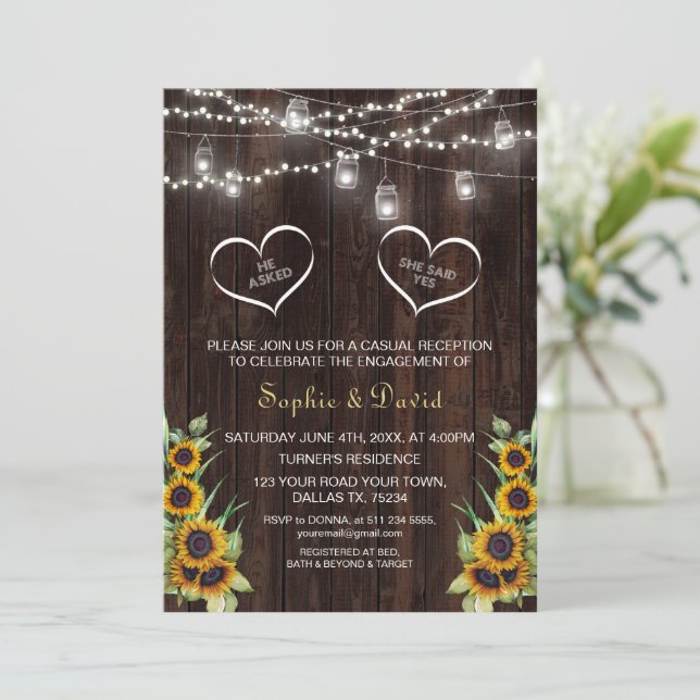 Rustic Sunflowers String Lights Wood Engagement Invitation (Standing Front)