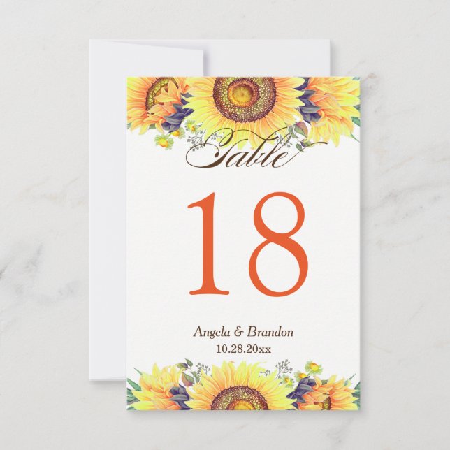 Rustic Sunflowers Stylish Wedding Table Number (Front)