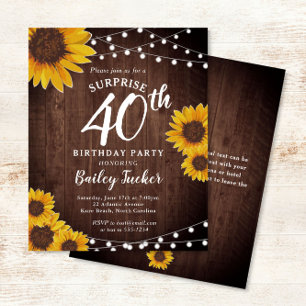 Rustic Sunflowers Surprise 40th Birthday Invite
