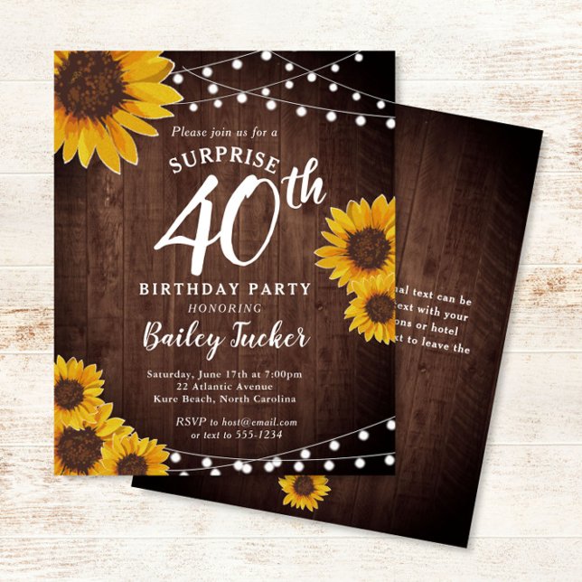 Rustic Sunflowers Surprise 40th Birthday Invite (Creator Uploaded)