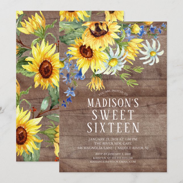 Rustic Sunflowers Sweet Sixteen Birthday Party Invitation (Front/Back)