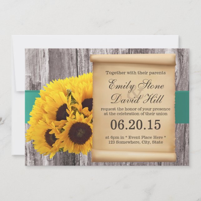 Rustic Sunflowers Teal Belt Wedding Invitations (Front)