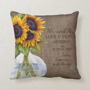 Rustic Sunflowers Vase Burlap Wedding Date Cushion