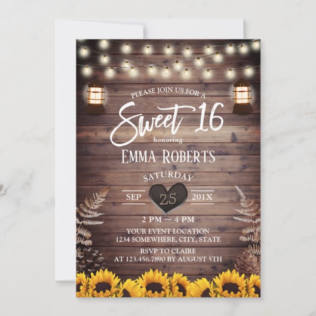Rustic Sunflowers Vintage Lantern Sweet 16 Invitation (Front)