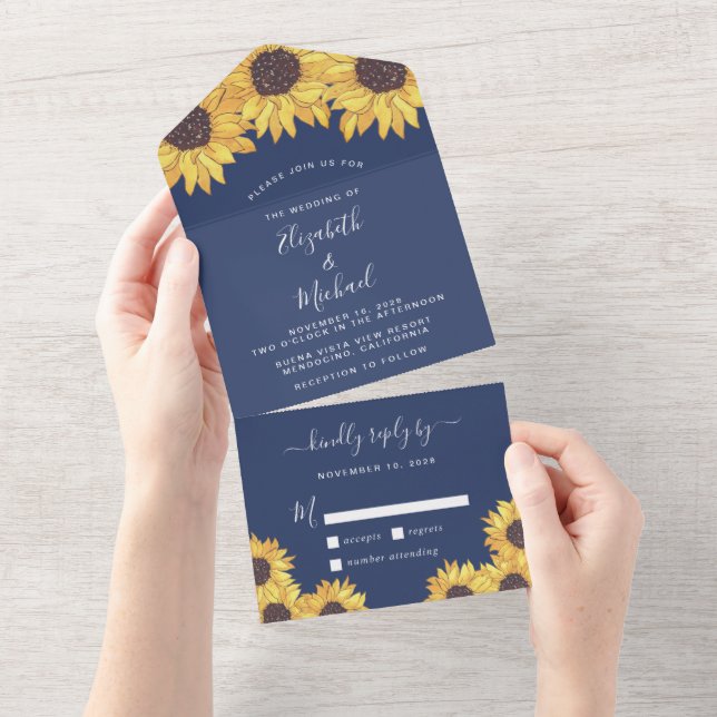 Rustic Sunflowers Watercolor Blue Wedding All In One Invitation (Tearaway)