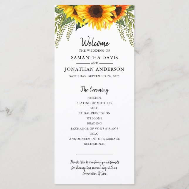 Rustic Sunflowers | Watercolor Wedding Program Programme (Front)