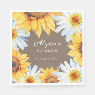 Rustic Sunflowers White Daisies Brown Baby Shower Napkin