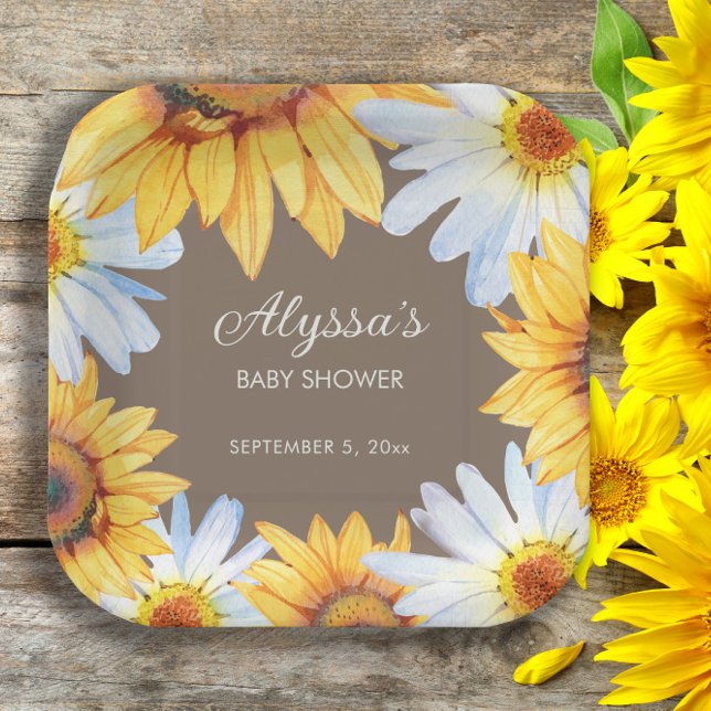 Rustic Sunflowers White Daisies Brown Baby Shower Paper Plate (Sunflowers and daisies on brown baby shower custom paper plate. )