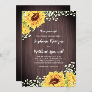 Rustic Sunflowers White Floral Wood Wedding Invitation