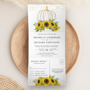 Rustic Sunflowers White Pumpkin Fall Wedding Tri-Fold Invitation
