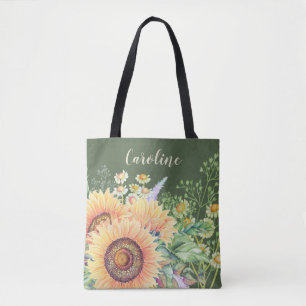 Rustic Sunflowers Wildflowers Custom Name Tote Bag