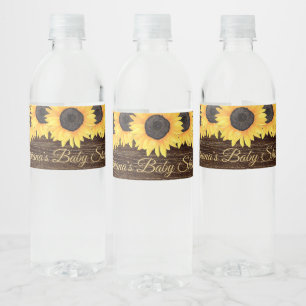 Rustic Sunflowers Wood Baby Shower Water Bottle Label