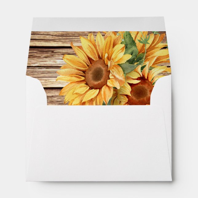 Rustic Sunflowers Wood Background Script Wedding Envelope (Back (Bottom))
