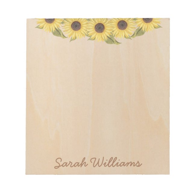 Rustic Sunflowers Wood Brown Handwriting Floral Notepad (Front)