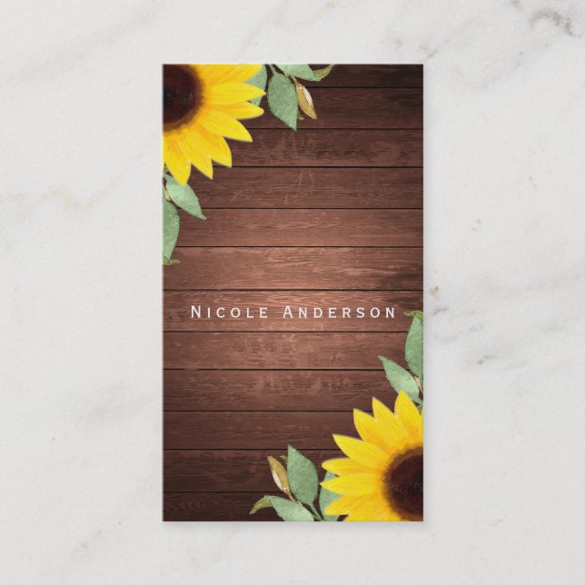 Rustic Sunflowers & Wood Elegant Country Chic Business Card (Front)