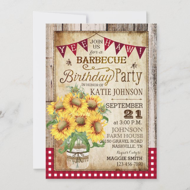 Rustic Sunflowers Wood Gingham Check Birthday Invitation (Front)
