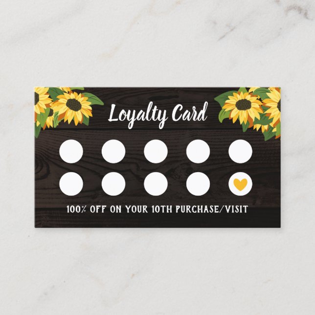 Rustic Sunflowers Wood Grain Yellow Heart 10th Loyalty Card (Front)