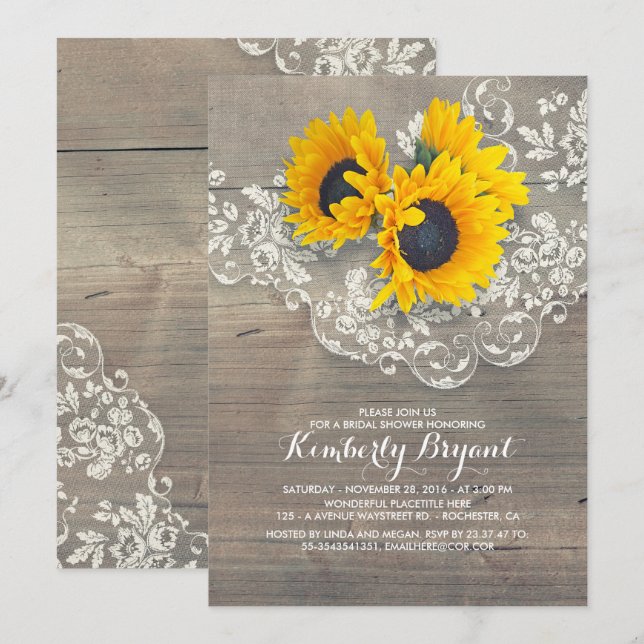 Rustic Sunflowers Wood Lace Bridal Shower Invitation (Front/Back)