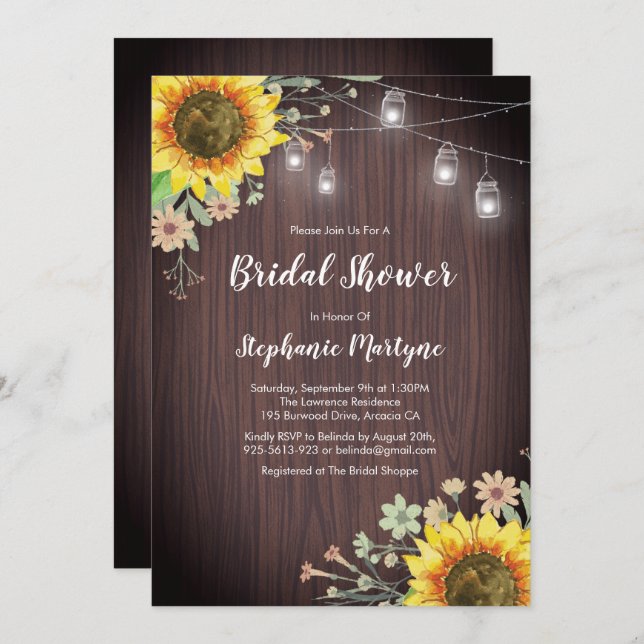 Rustic Sunflowers Wood Mason Jar Bridal Shower Invitation (Front/Back)