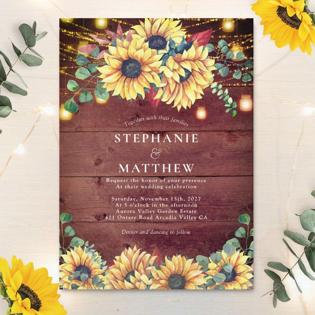 Rustic Sunflowers Wood Mason Jar Lights Wedding Invitation (Creator Uploaded)