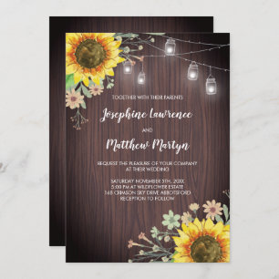 Rustic Sunflowers Wood Mason Jar Wedding Invitation