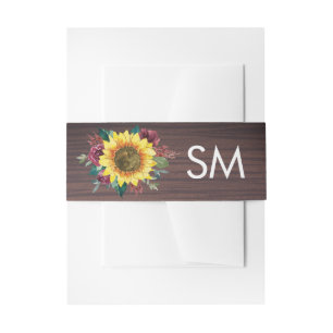 Rustic Sunflowers Wood Monogram Wedding Invitation Belly Band