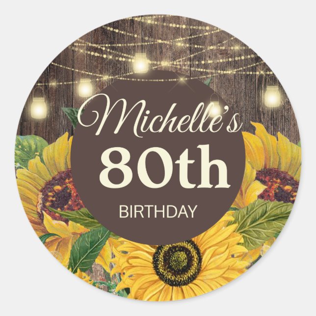 Rustic Sunflowers Wood String Lights 80th Birthday Classic Round Sticker (Front)