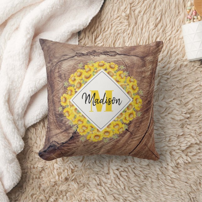 Rustic Sunflowers & Wood Texture Monogram  Cushion (Blanket)