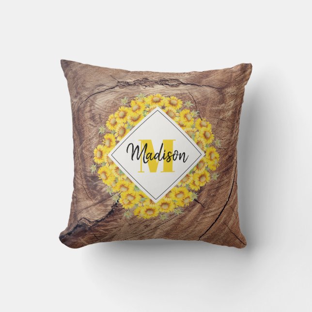 Rustic Sunflowers & Wood Texture Monogram  Cushion (Front)