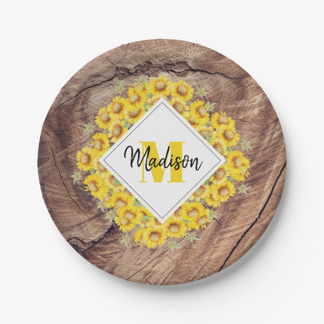 Rustic Sunflowers & Wood Texture Monogram Paper Plate (Front)