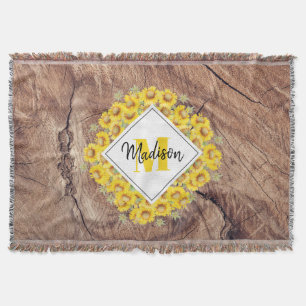 Rustic Sunflowers & Wood Texture Monogram Throw Blanket