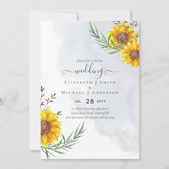 Rustic Sunflowers Woodland Barn Budget Wedding Invitation (Front)