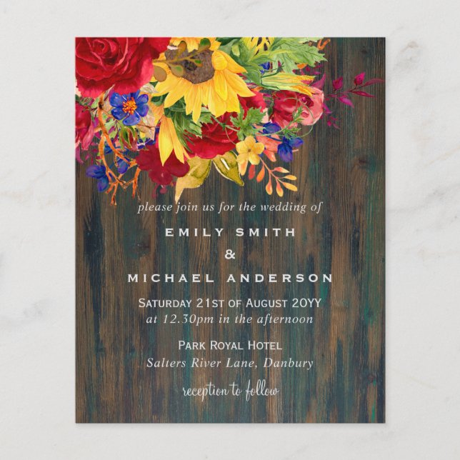 Rustic Sunflowers Yellow Red Blue Floral Wedding (Front)