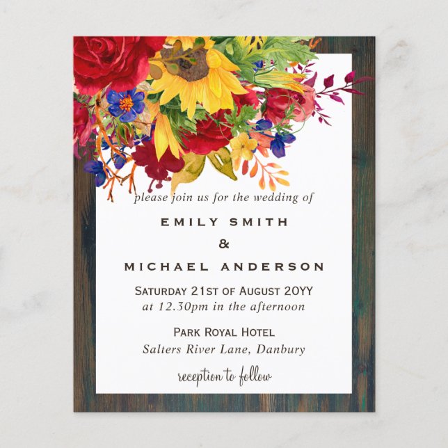 Rustic Sunflowers Yellow Red Blue Floral Wedding (Front)