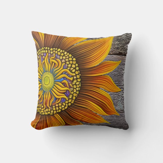 Rustic Sunny Sunflower on Barn Board Cushion (Front)