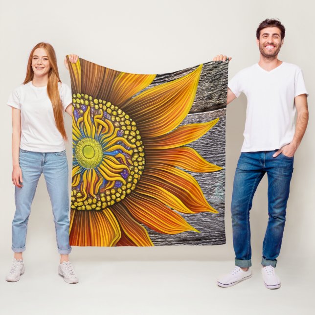 Rustic Sunny Sunflower on Barn Board Fleece Blanket (In Situ)