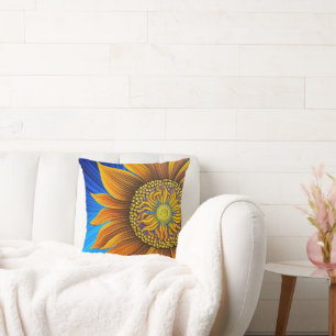 Rustic Sunny Sunflower on Blue Cushion